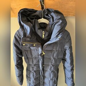 COLE HAAN Puffer Coat navy Gold S Long Length Winter Warm Apres Ski Down Fill